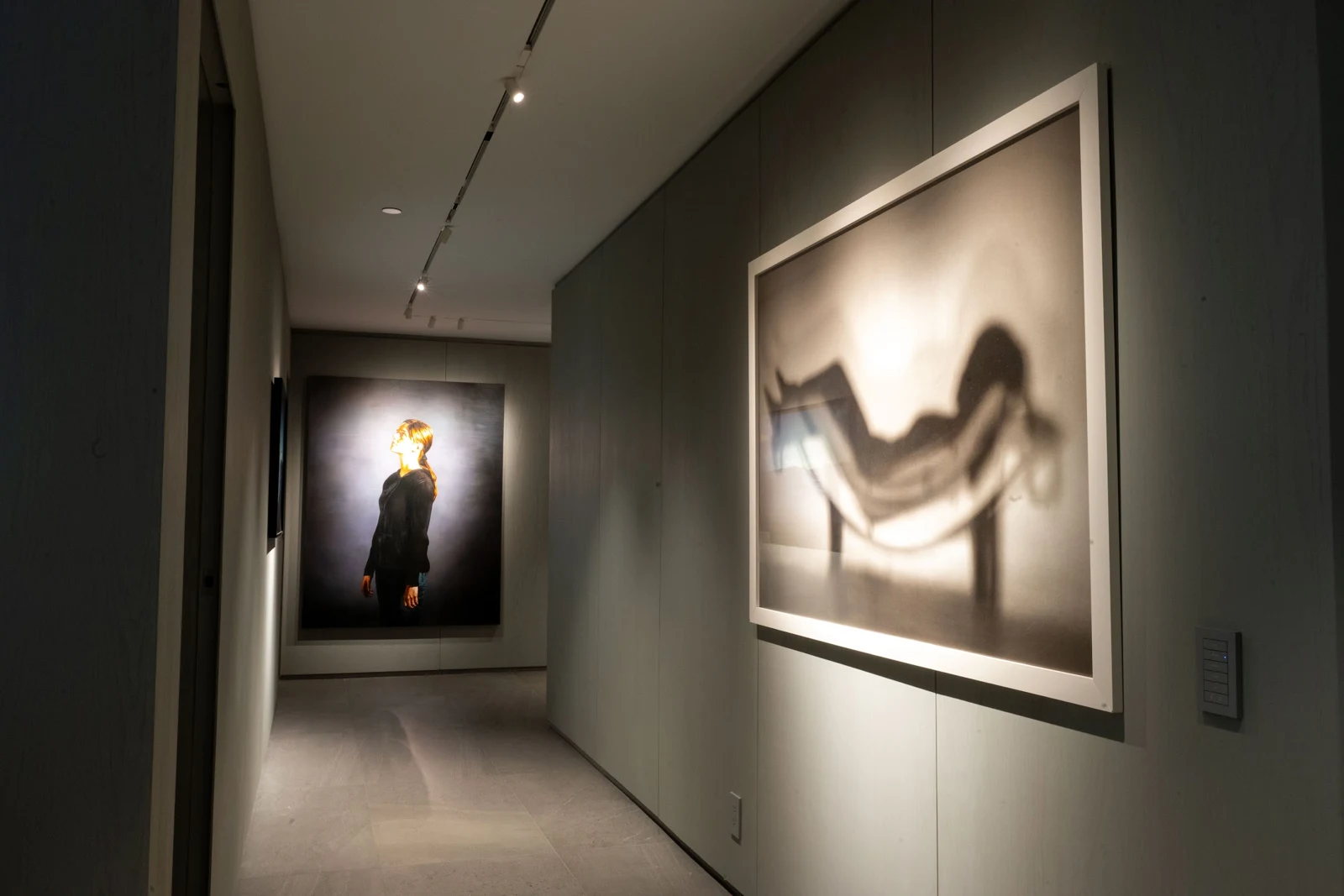 Precision accent lighting illuminating artwork in an apartment gallery